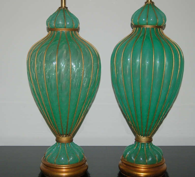 Green Opaline Murano Caged Lamps by Marbro In Excellent Condition For Sale In Little Rock, AR