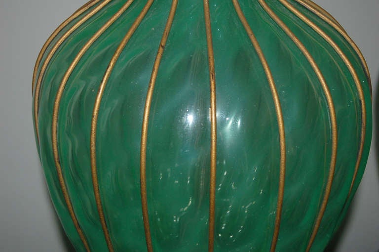 Mid-20th Century Green Opaline Murano Caged Lamps by Marbro For Sale