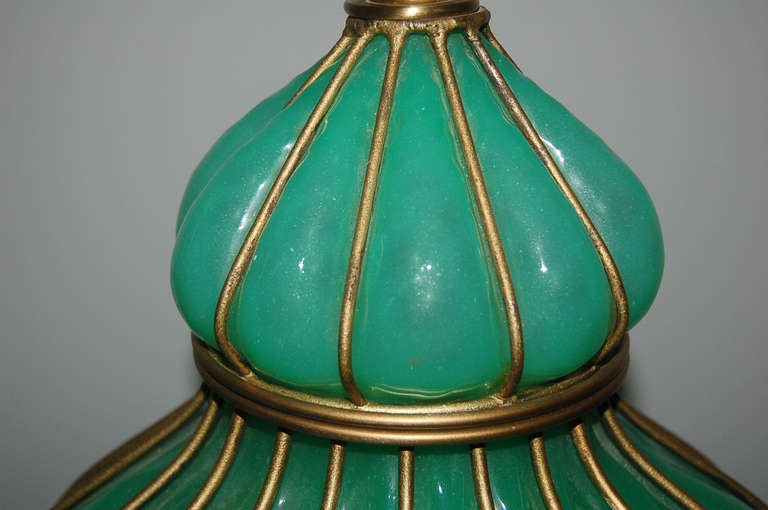 Green Opaline Murano Caged Lamps by Marbro For Sale 1
