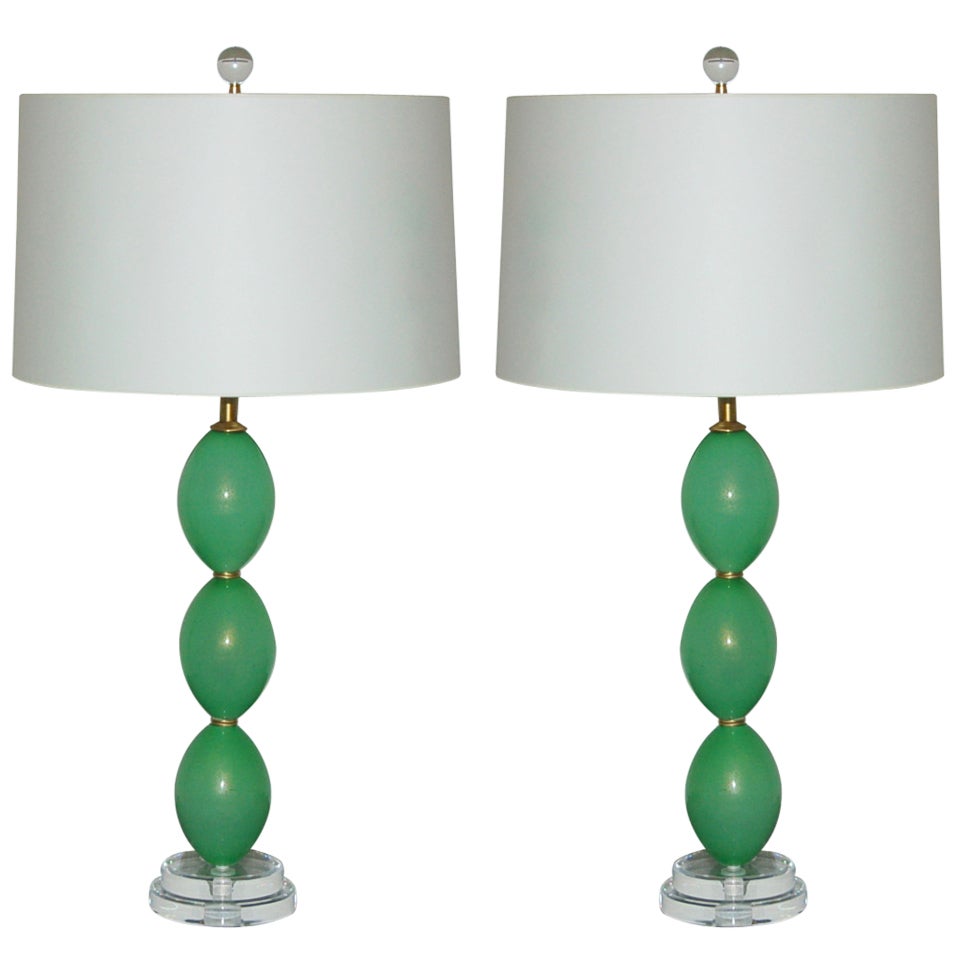 Pair of Vintage Murano Stacked Egg Lamps in Lime Mint For Sale