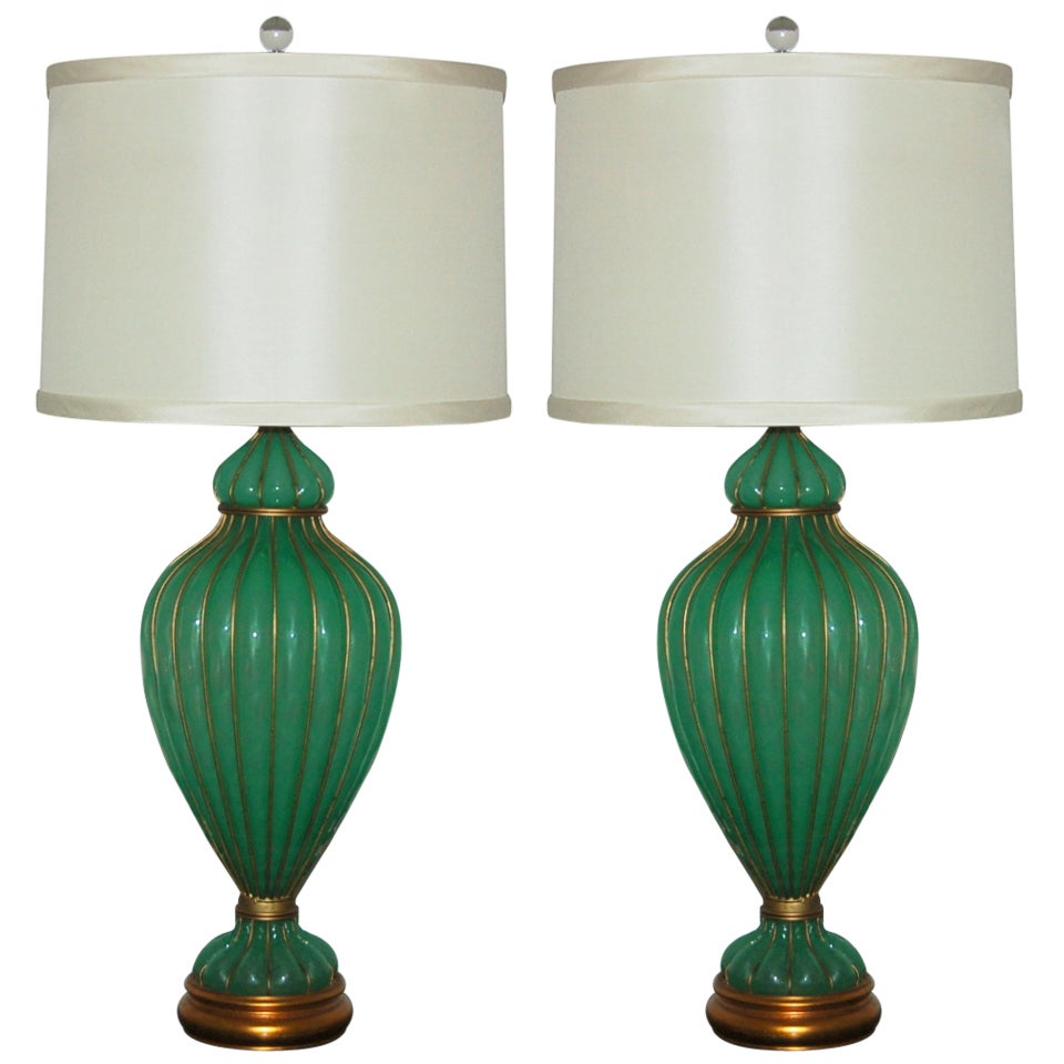 Green Opaline Murano Caged Lamps by Marbro For Sale