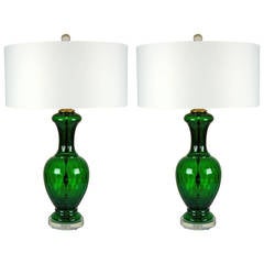Pair of Classic Vintage Murano Lamps in Emerald Green