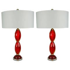 Pair of Faceted Sommerso Vintage Murano Lamps in Lipstick Red