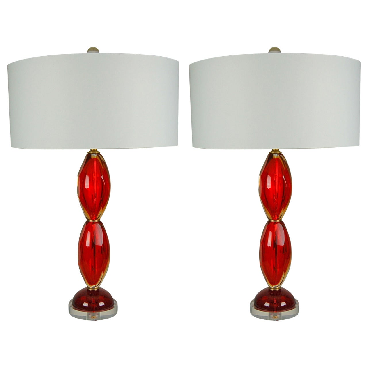 Pair of Faceted Sommerso Vintage Murano Lamps in Lipstick Red For Sale