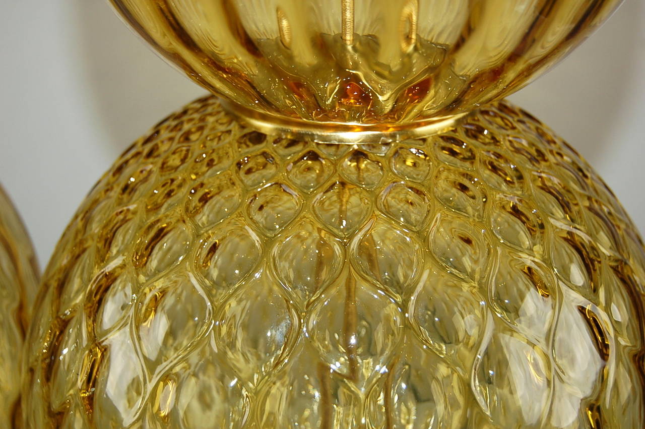 Brushed Pair of Vintage Murano Stacked Ball Lamps in Harvest Gold For Sale