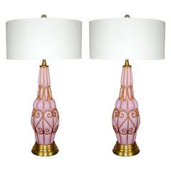 Pair of Vintage Brass Encapsulated Murano Glass Lamps in Pink by Marbro