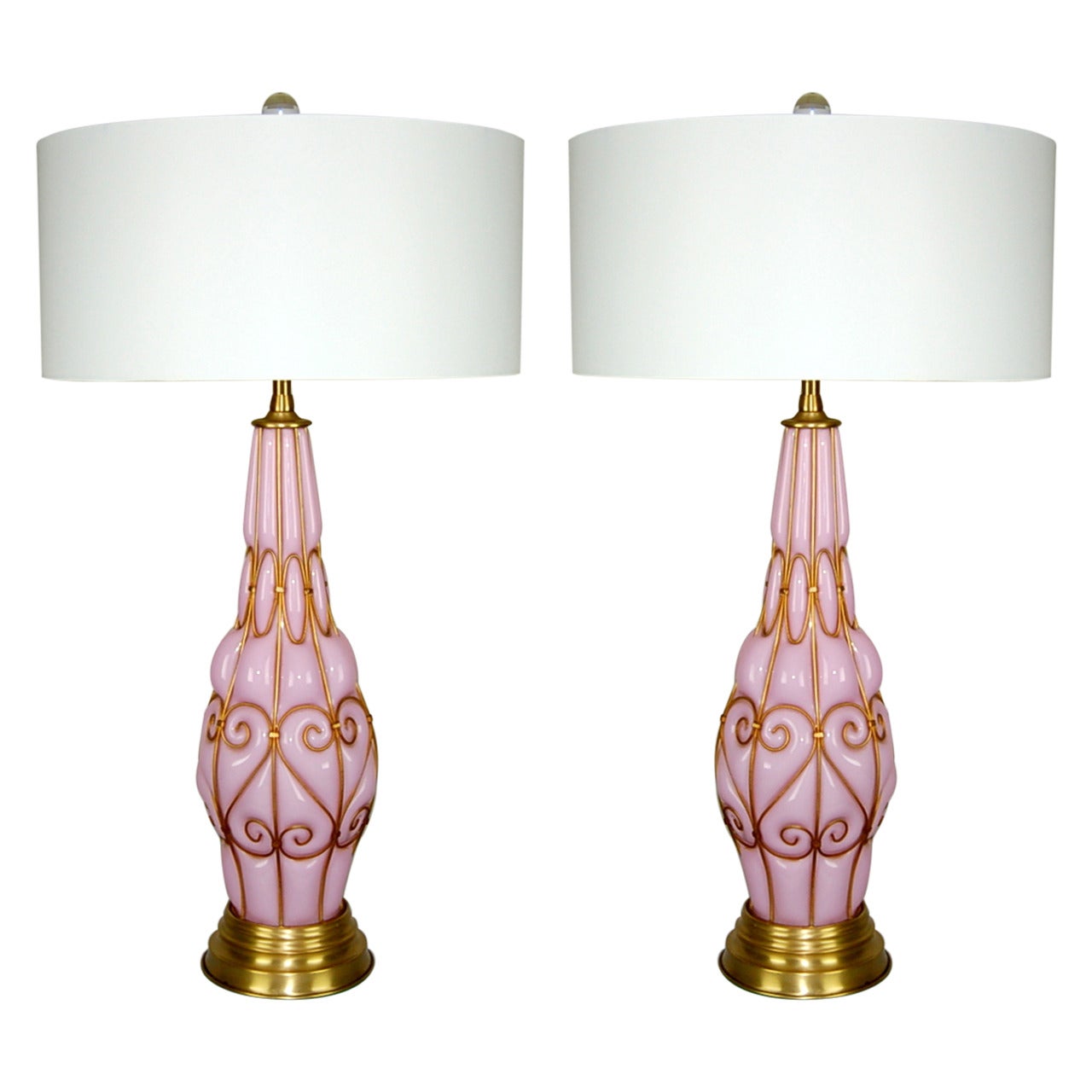 Pair of Vintage Brass Encapsulated Murano Glass Lamps in Pink by Marbro For Sale