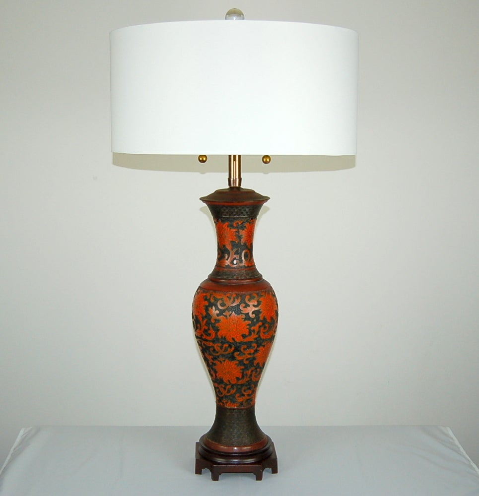 A rare matched pair of BRIGHT VERMILLION cloisonné lamps from The Marbro Lamp Company. The enamel is bright and colorful, the bronze colored background and hardware are wonderfully patinated. Complete redone including double cluster sockets and