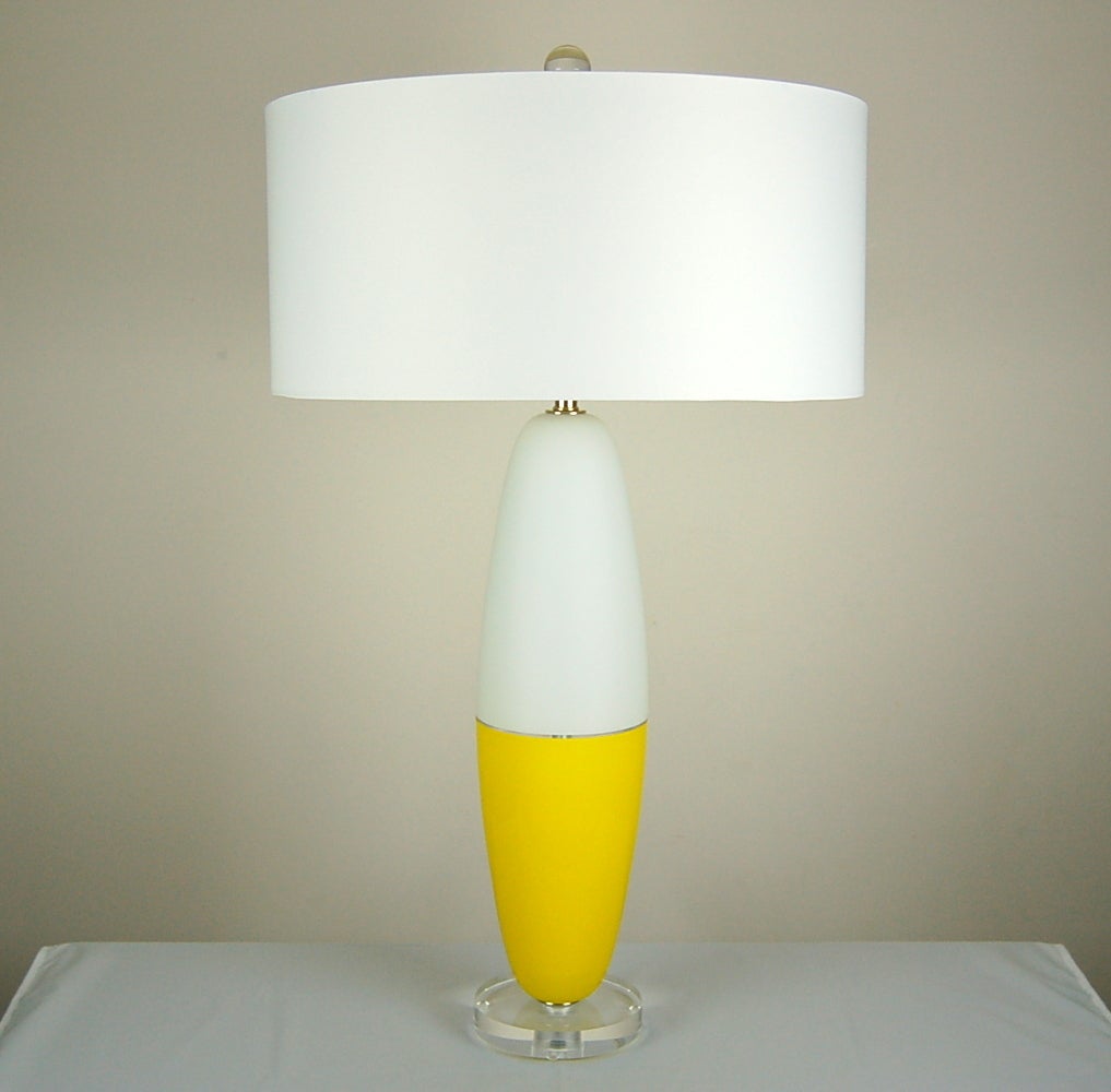 During the1960s, many designs were inspired by airplanes and rockets - these lamps being a perfect example. A wonderful blend of style and whimsy in and YELLOW and WHITE! 

They stand 27 inches from tabletop to socket top. As shown, the top of