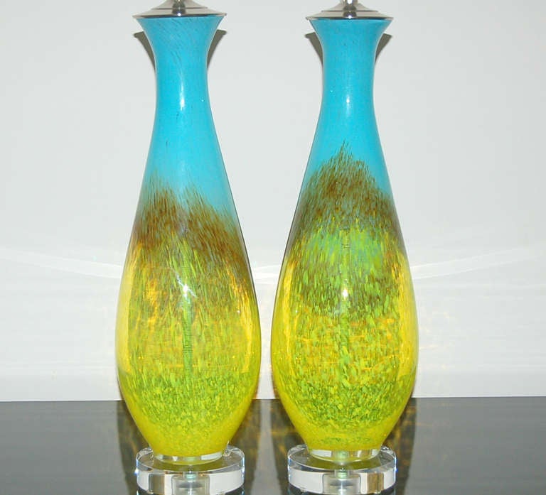 Pair of Vintage Italian Handblown Glass Lamps in Turquoise and Yellow In Excellent Condition For Sale In Little Rock, AR