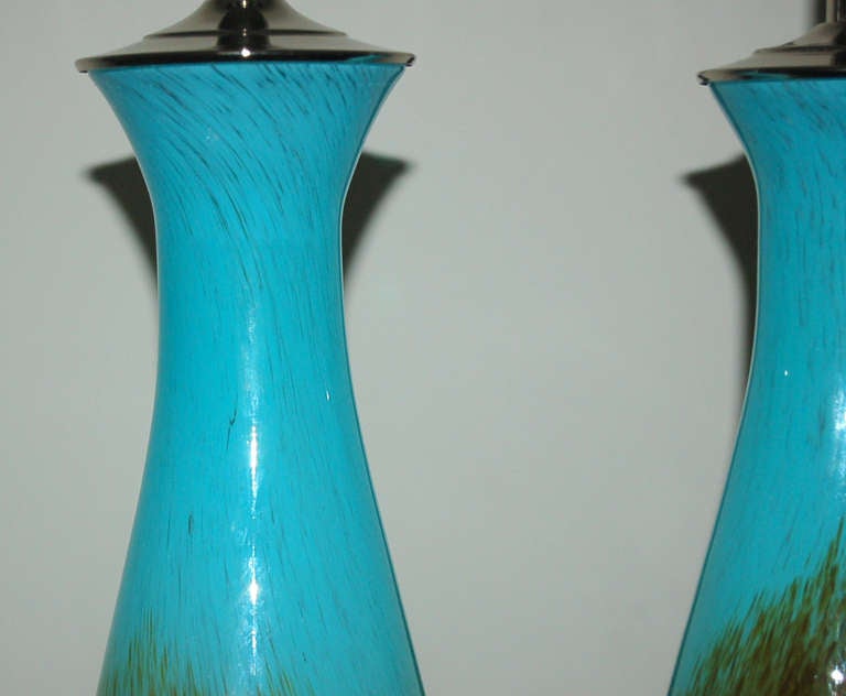 Lucite Pair of Vintage Italian Handblown Glass Lamps in Turquoise and Yellow For Sale