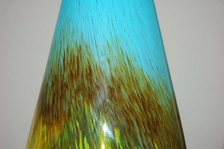 Pair of Vintage Italian Handblown Glass Lamps in Turquoise and Yellow For Sale 1