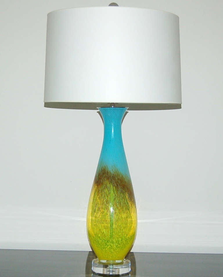 Mid-Century Modern Pair of Vintage Italian Handblown Glass Lamps in Turquoise and Yellow For Sale