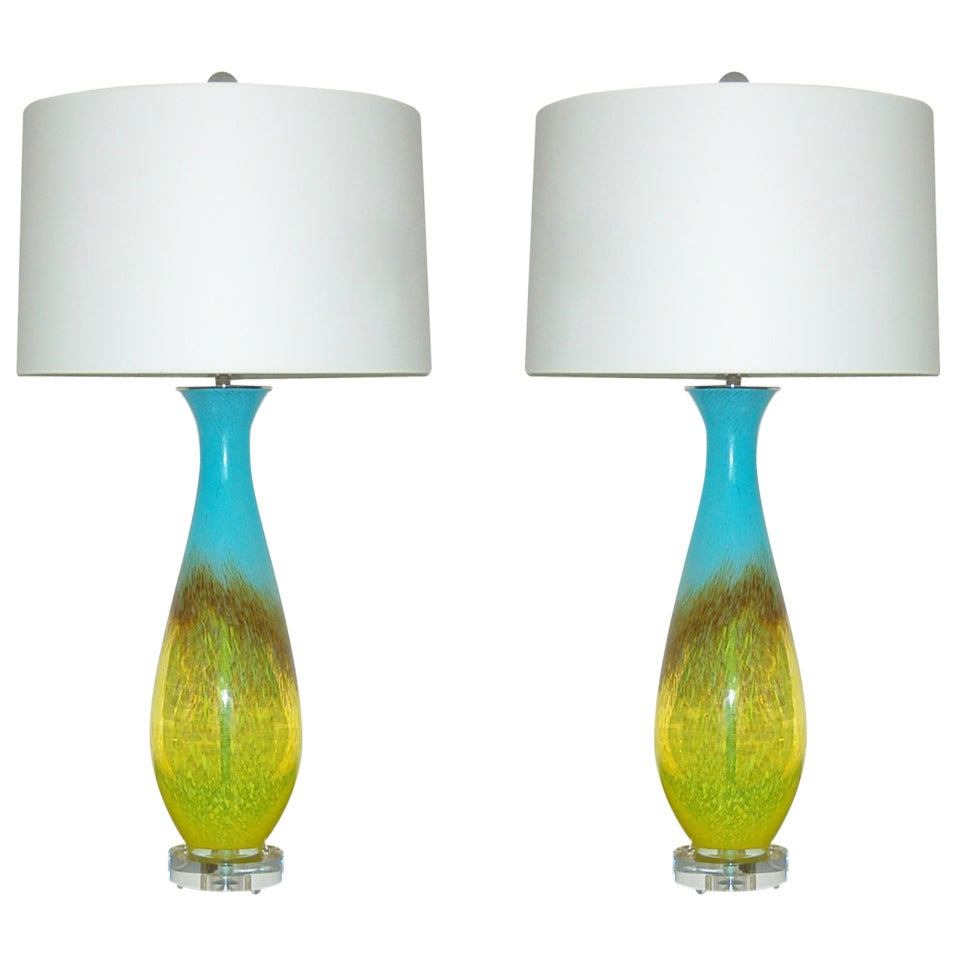 Pair of Vintage Italian Handblown Glass Lamps in Turquoise and Yellow For Sale