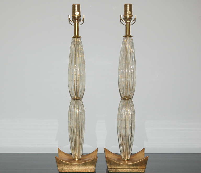 Hollywood Regency Pair of Murano Teardrop Glass Lamps in Champagne For Sale