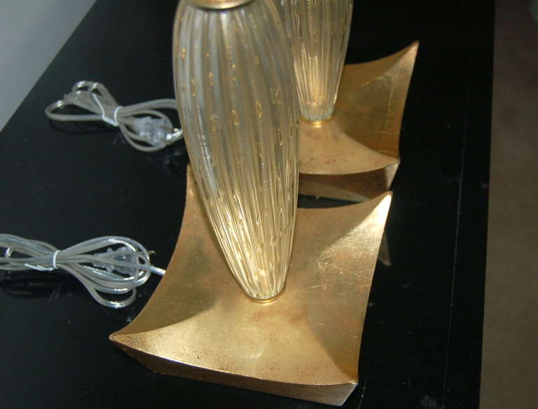 Brass Pair of Murano Teardrop Glass Lamps in Champagne For Sale