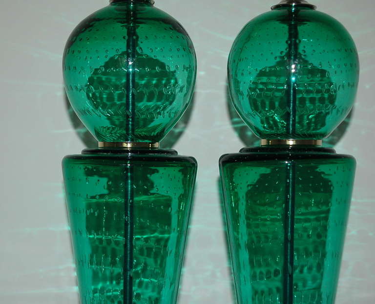 Italian Pair of Vintage Murano Lamps of Jade Green For Sale