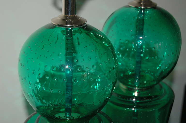 Brass Pair of Vintage Murano Lamps of Jade Green For Sale