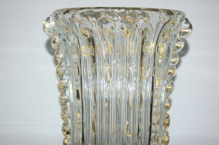 Hollywood Regency Classic Vintage Murano Glass Vase in Golden Champagne with Rigaree