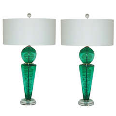 Pair of Vintage Murano Lamps of Jade Green