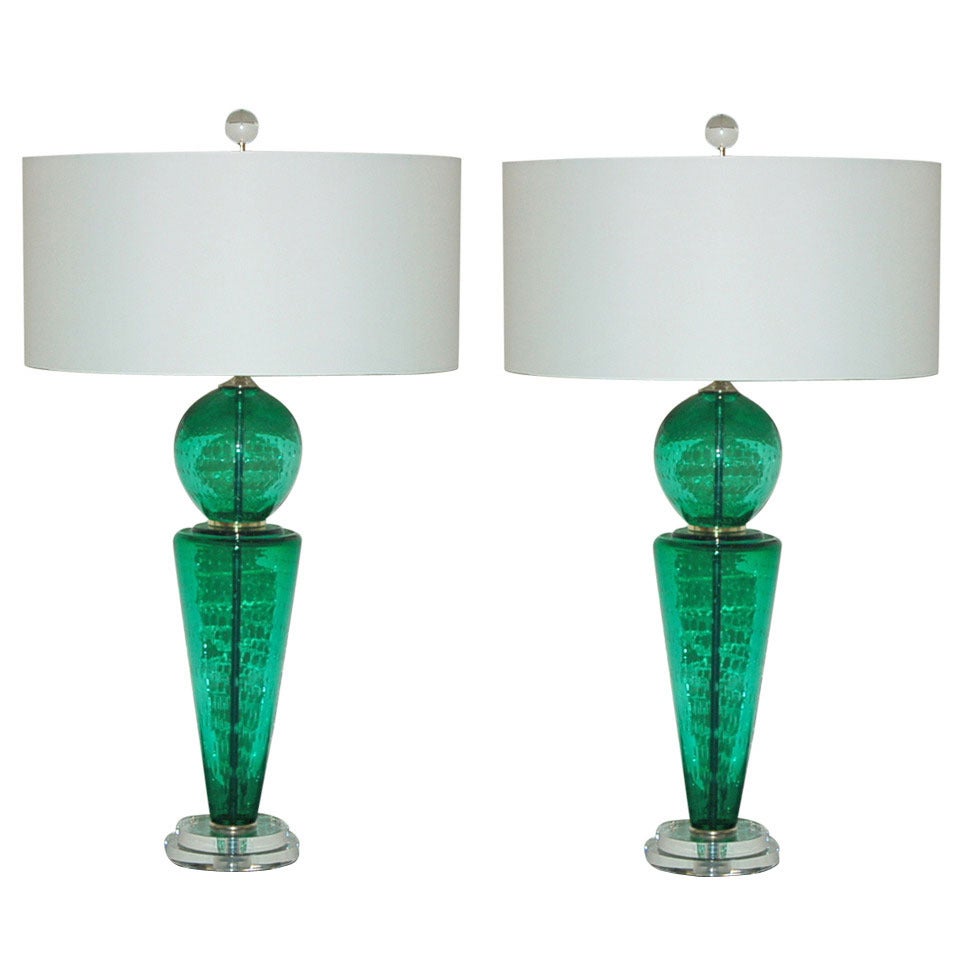 Pair of Vintage Murano Lamps of Jade Green For Sale
