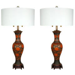 Matched Pair of Vintage Cloisonné Brass Lamps in Vermillion by Marbro