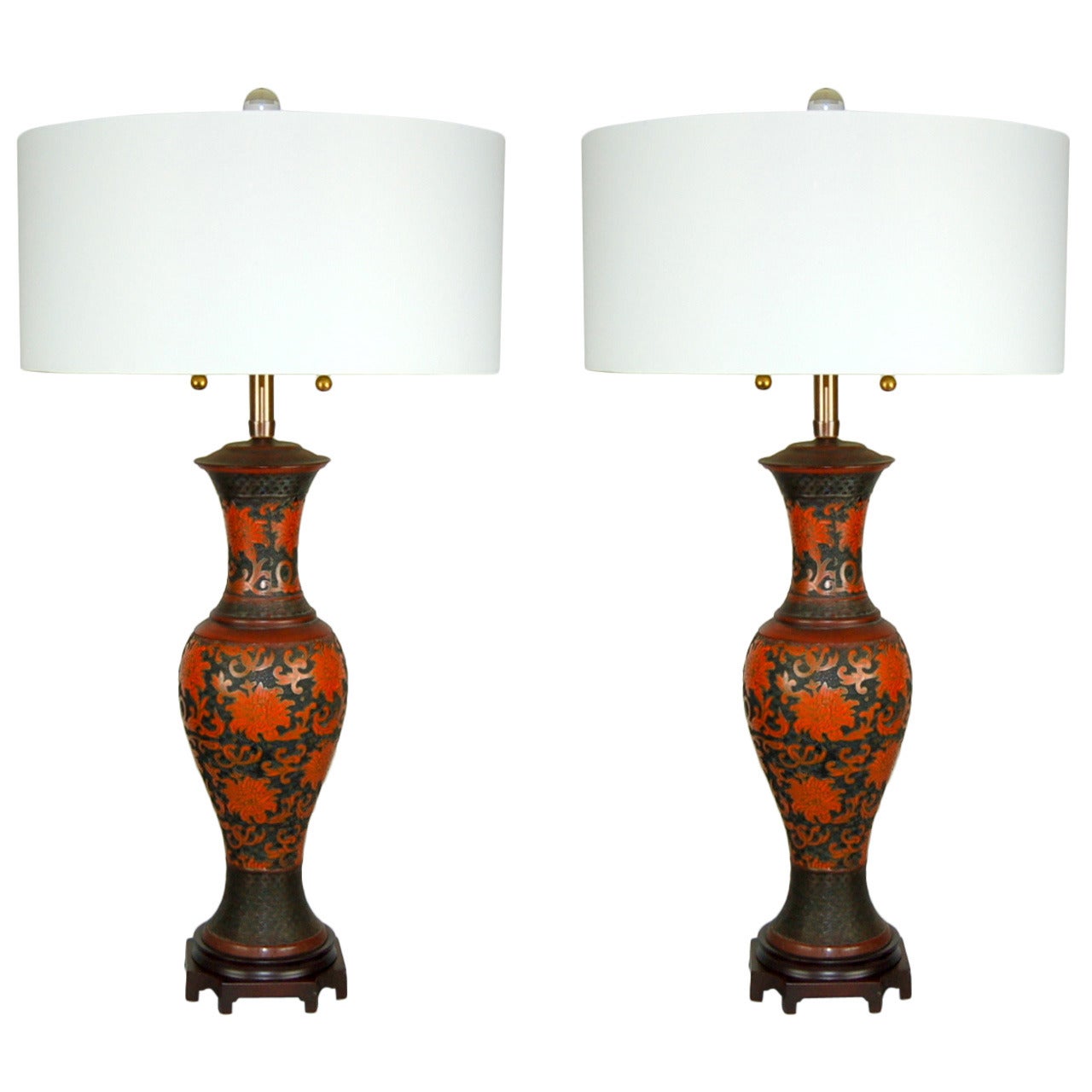 Matched Pair of Vintage Cloisonné Brass Lamps in Vermillion by Marbro For Sale