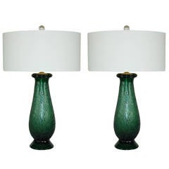 Pair of Retro Murano Craqueleure Glass Lamps in Jade