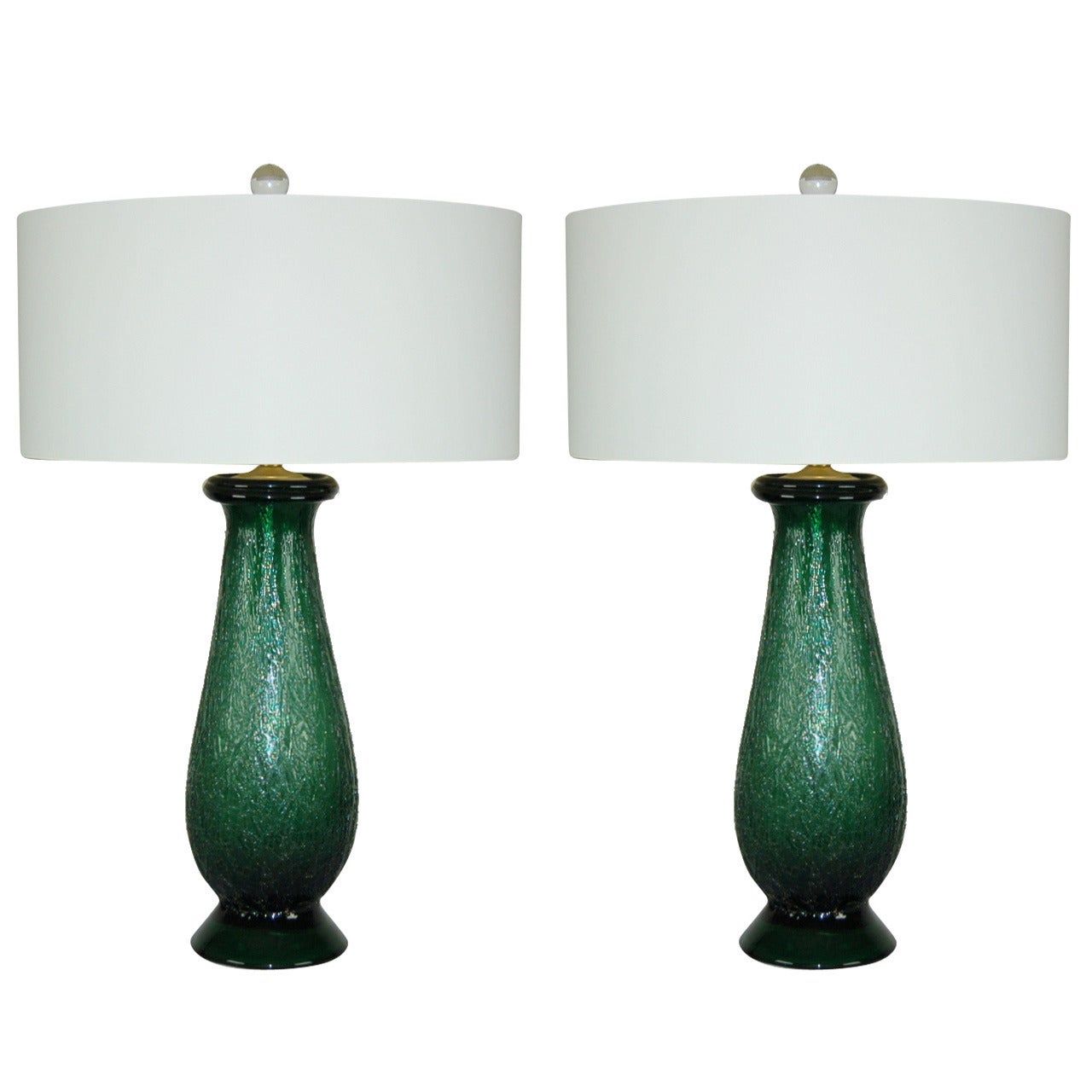 Pair of Vintage Murano Craqueleure Glass Lamps in Jade For Sale