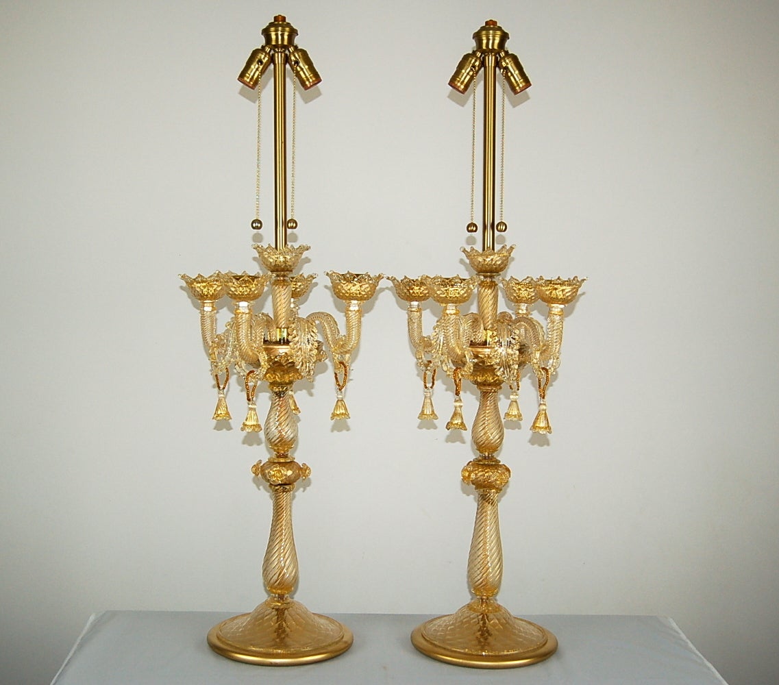 Pair of Vintage Murano Candelabra Table Lamps in Champagne by Marbro