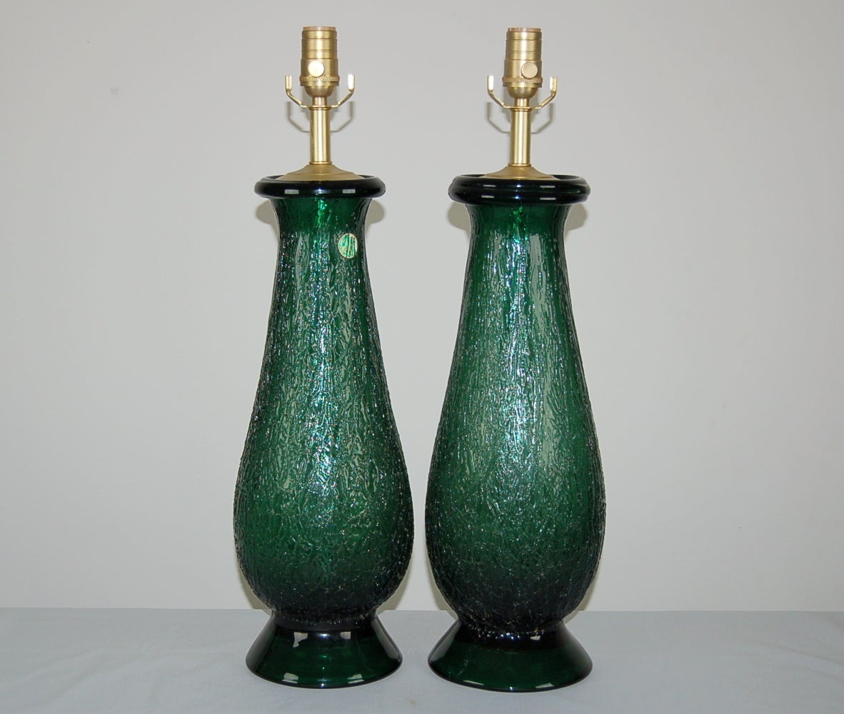 Mid-Century Modern Pair of Vintage Murano Craqueleure Glass Lamps in Jade For Sale