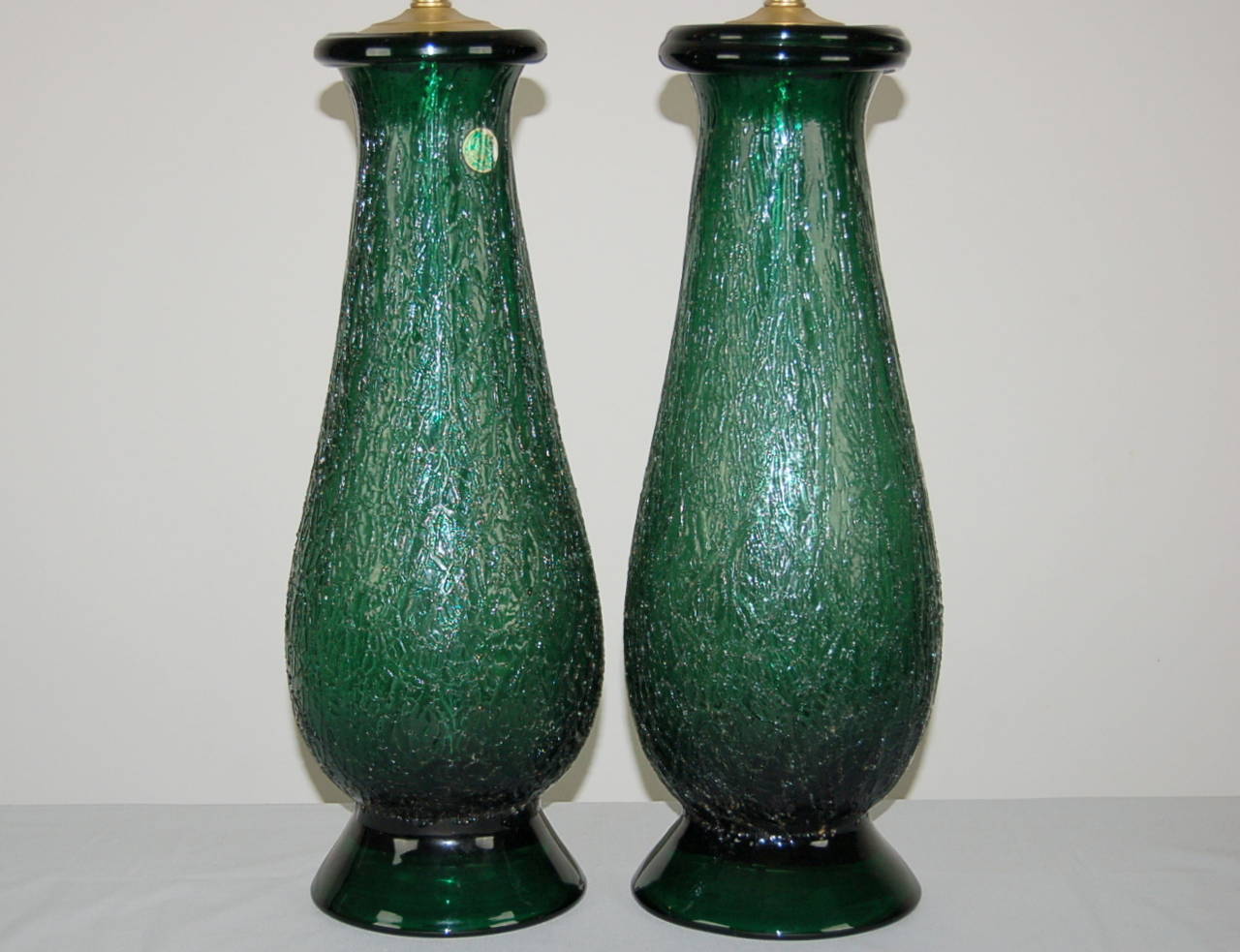 Italian Pair of Vintage Murano Craqueleure Glass Lamps in Jade For Sale