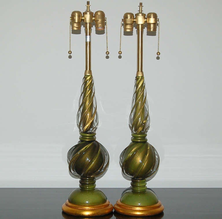 Italian Matched Pair of Vintage Marbro Lamps in Green and Gold by Marbro For Sale