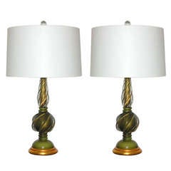 Matched Pair of Vintage Marbro Lamps in Green and Gold by Marbro