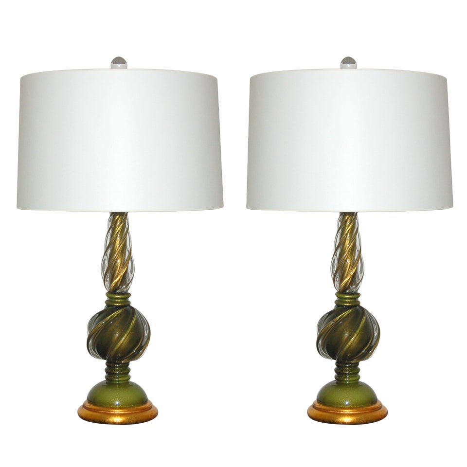Matched Pair of Vintage Marbro Lamps in Green and Gold by Marbro For Sale