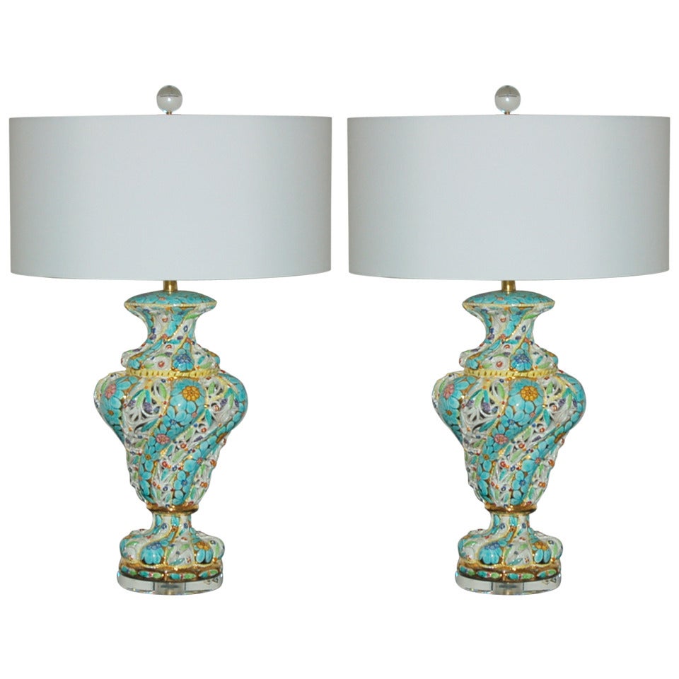 Pair of Vintage Italian Capodimponte Pierced Table Lamps