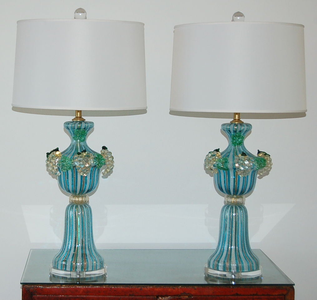 Hollywood Regency Blue Murano Table Lamps with Fruit by Dino Martens For Sale