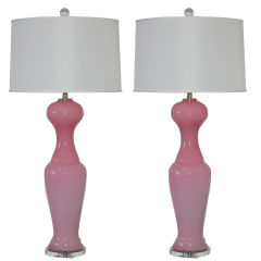 Matched Pair of Vintage Opaline Murano Lamps in Pale Pink