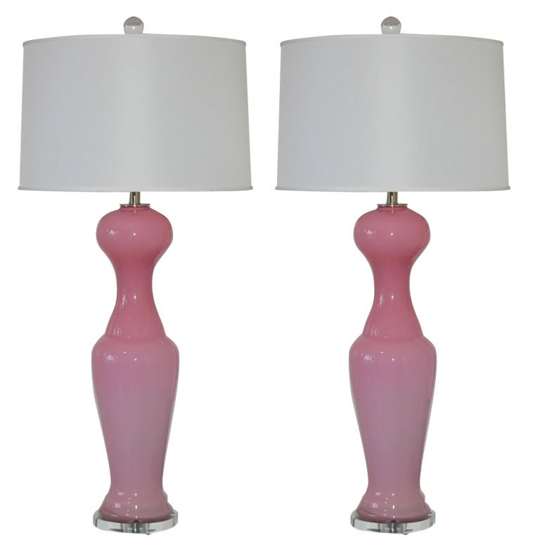 Matched Pair of Vintage Opaline Murano Lamps in Pale Pink For Sale