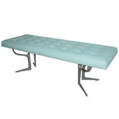 Vintage Tufted Bench of Faux Ostrich in Misty Mint Blue