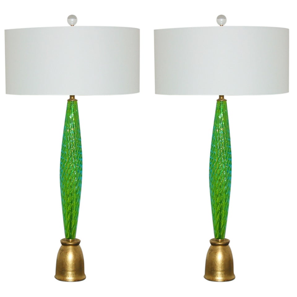 Pair of Slender and Sexy Vintage Murano Table Lamps in Grass For Sale
