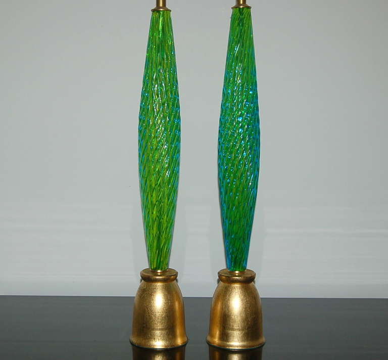 Mid-Century Modern Pair of Slender and Sexy Vintage Murano Table Lamps in Grass For Sale