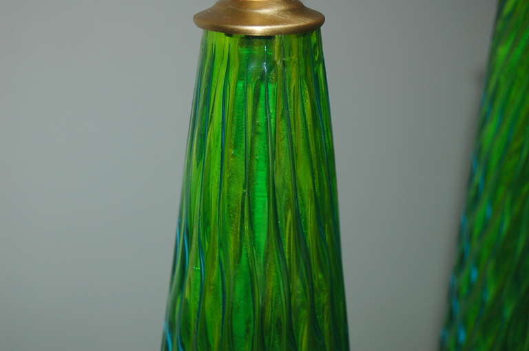 Brass Pair of Slender and Sexy Vintage Murano Table Lamps in Grass For Sale