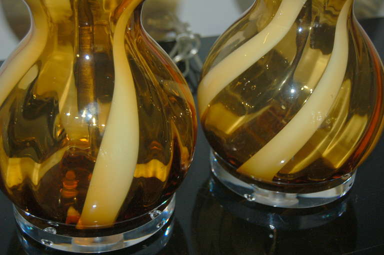 Pair of Vintage Italian Glass Lamps of Butterscotch with White 2