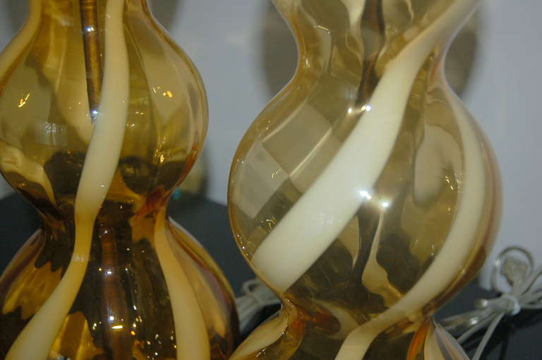 Pair of Vintage Italian Glass Lamps of Butterscotch with White 1