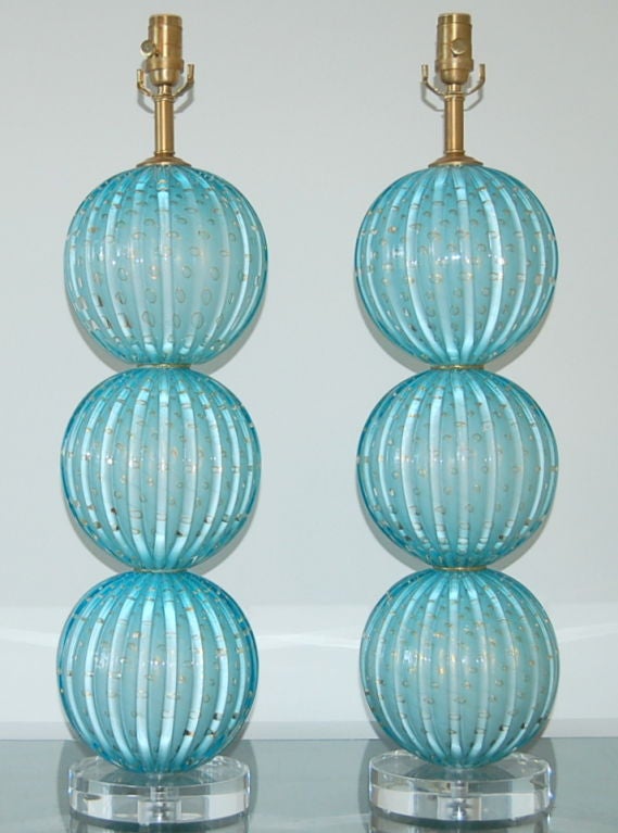 Mid-Century Modern Stacked Ball Murano Lamps in Dreamy Blue with Gold Dust