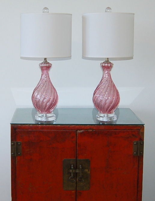 Rose Murano Glass Lamps with Silver Flake Inclusion For Sale 2
