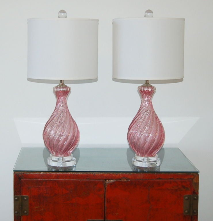 Rose Murano Glass Lamps with Silver Flake Inclusion For Sale 1
