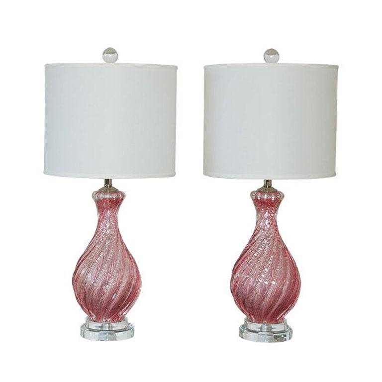 Rose Murano Glass Lamps with Silver Flake Inclusion For Sale