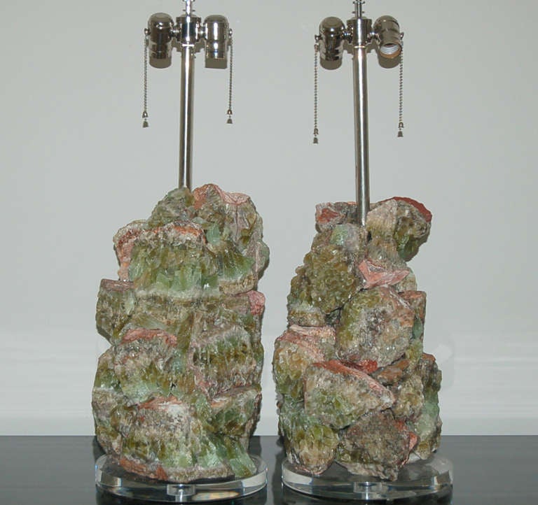 Pair of  Brazilian Calcite Lamps in Lime Sage In Excellent Condition For Sale In Little Rock, AR